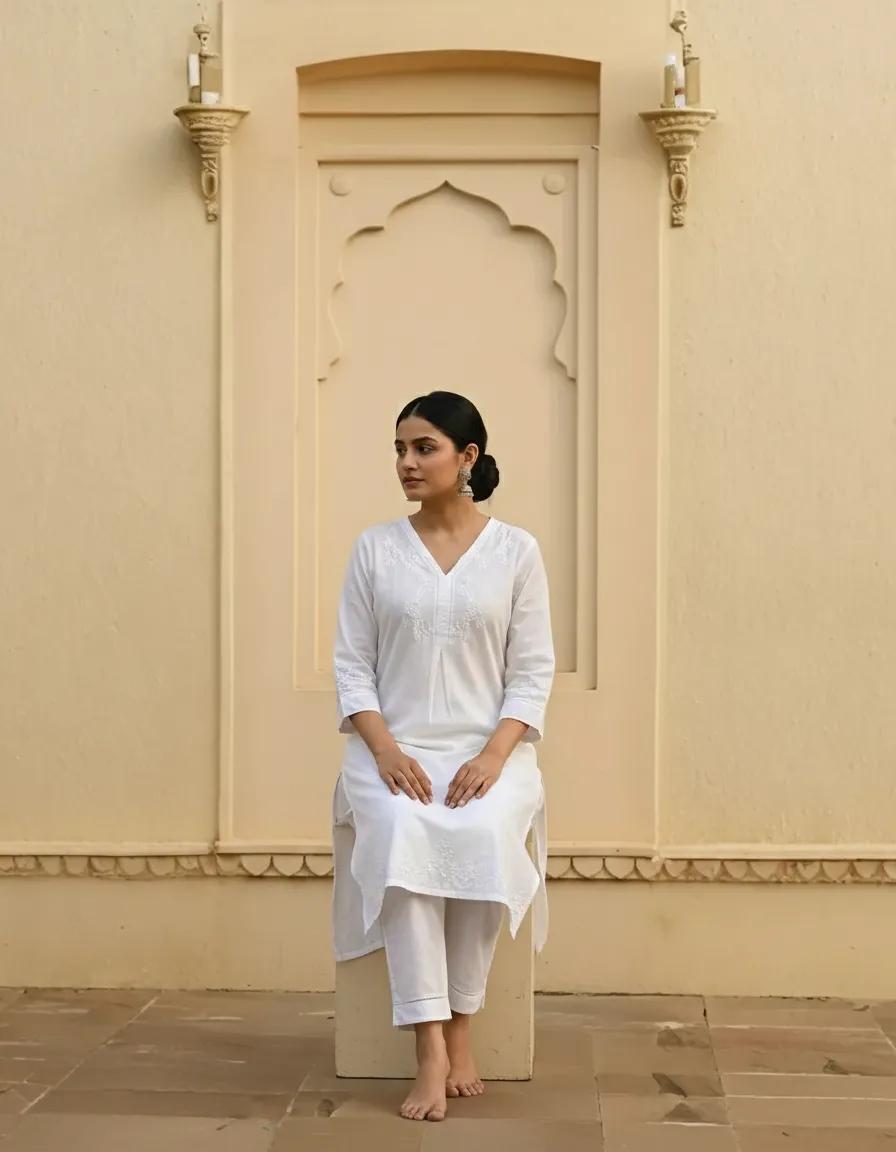White Cotton Readymade Co-ord Set