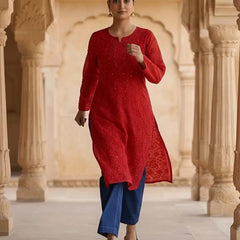 Resham Chikan Readymade Viscose Georgette Kurta Red