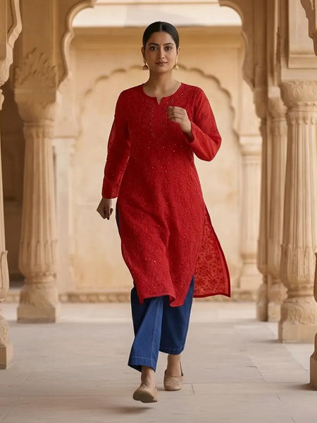 Resham Chikan Readymade Viscose Georgette Kurta Red