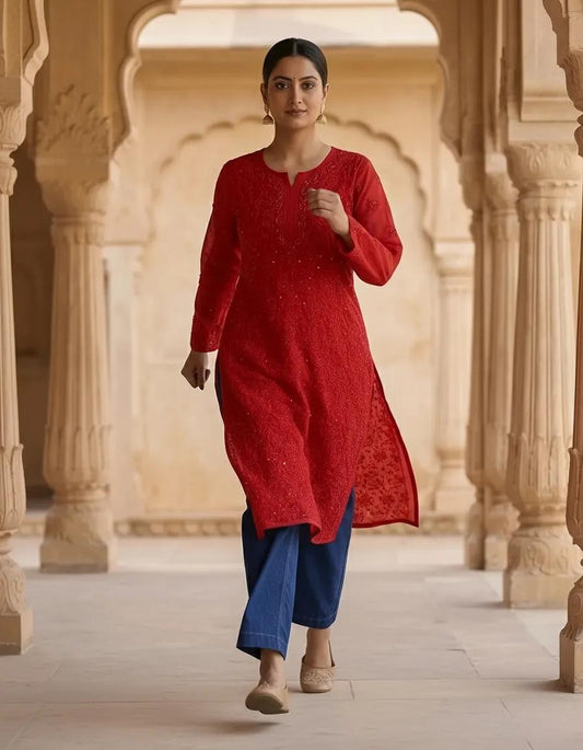 Resham Chikan Readymade Viscose Georgette Kurta Red