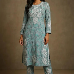 Blue Mulmul Dori Sleeves Kurti Set
