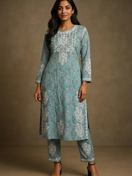 Blue Mulmul Dori Sleeves Kurti Set