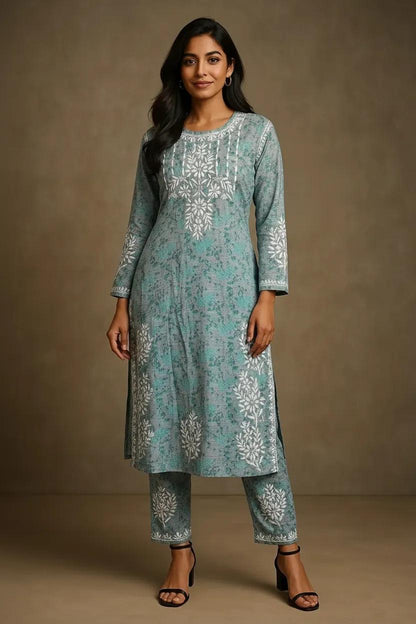 Blue Mulmul Dori Sleeves Kurti Set