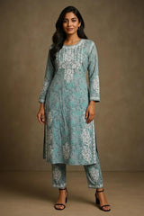 Blue Mulmul Dori Sleeves Kurti Set
