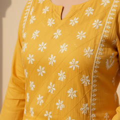 Yellow Readymade Cotton Kurta With Jaal