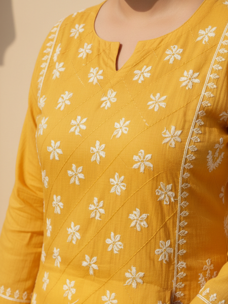 Yellow Readymade Cotton Kurta With Jaal