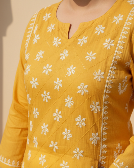Yellow Readymade Cotton Kurta With Jaal