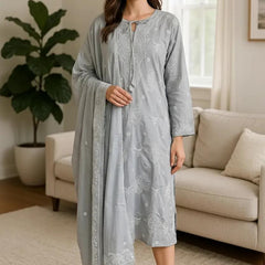 Pure Cotton Grey Semistitched Set With Swarovski Chikankari Work