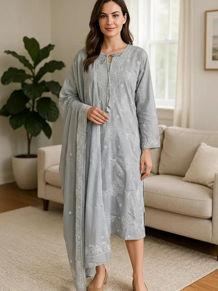 Pure Cotton Grey Semistitched Set With Swarovski Chikankari Work