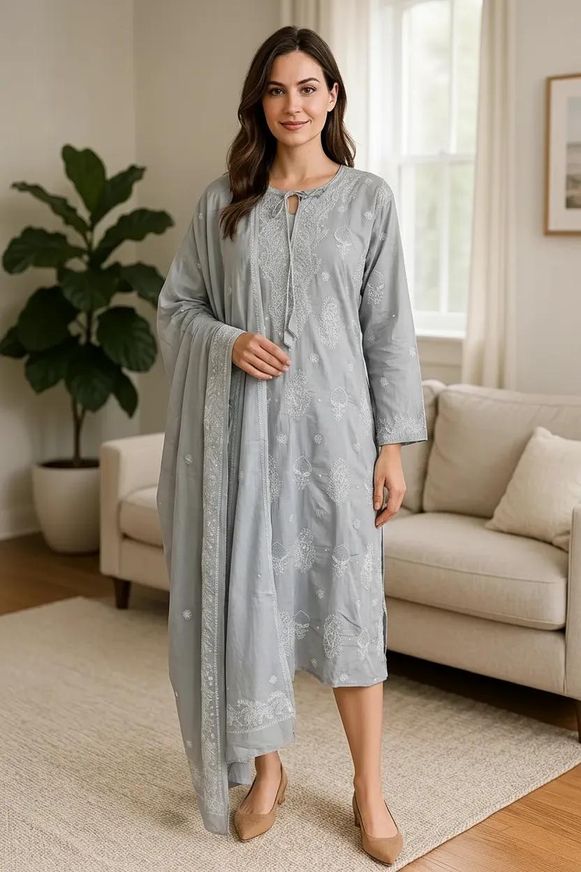 Pure Cotton Grey Semistitched Set With Swarovski Chikankari Work