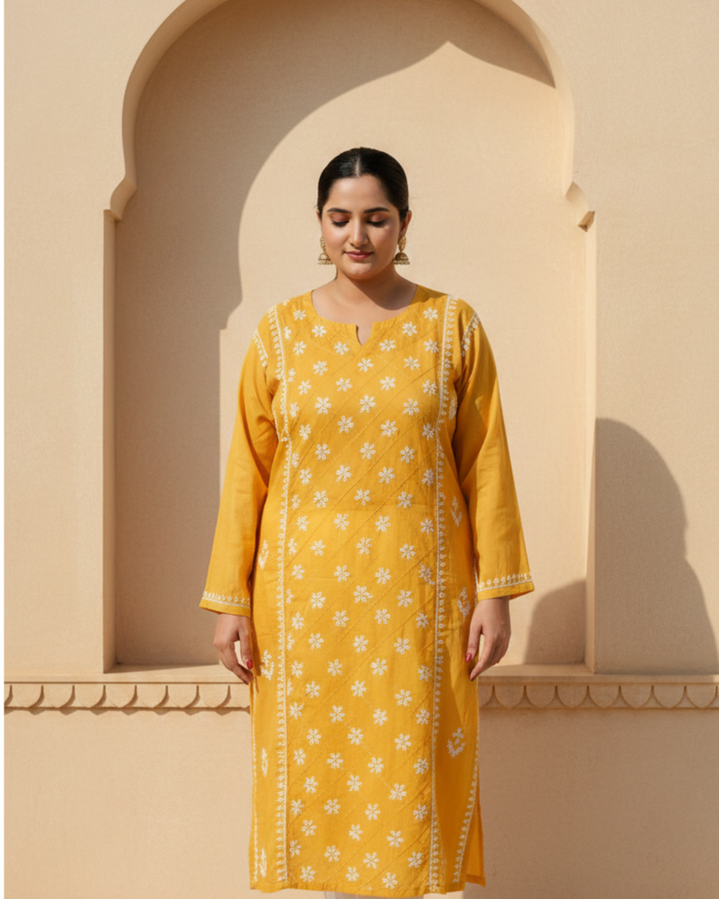 Yellow Readymade Cotton Kurta With Jaal