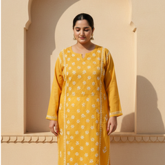 Yellow Readymade Cotton Kurta With Jaal