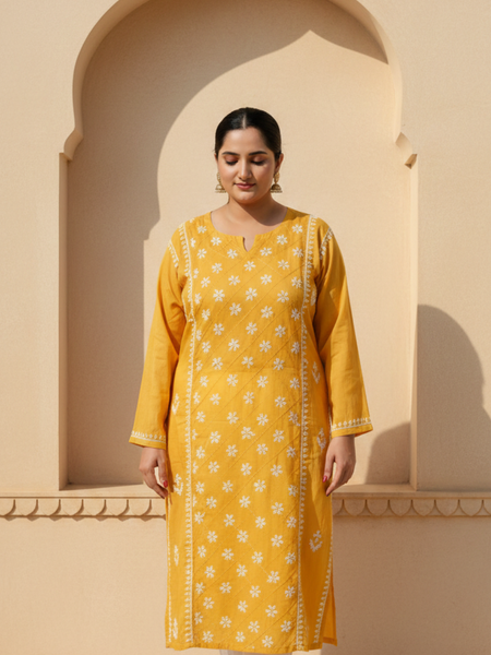 Yellow Readymade Cotton Kurta With Jaal