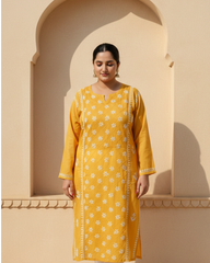 Yellow Readymade Cotton Kurta With Jaal