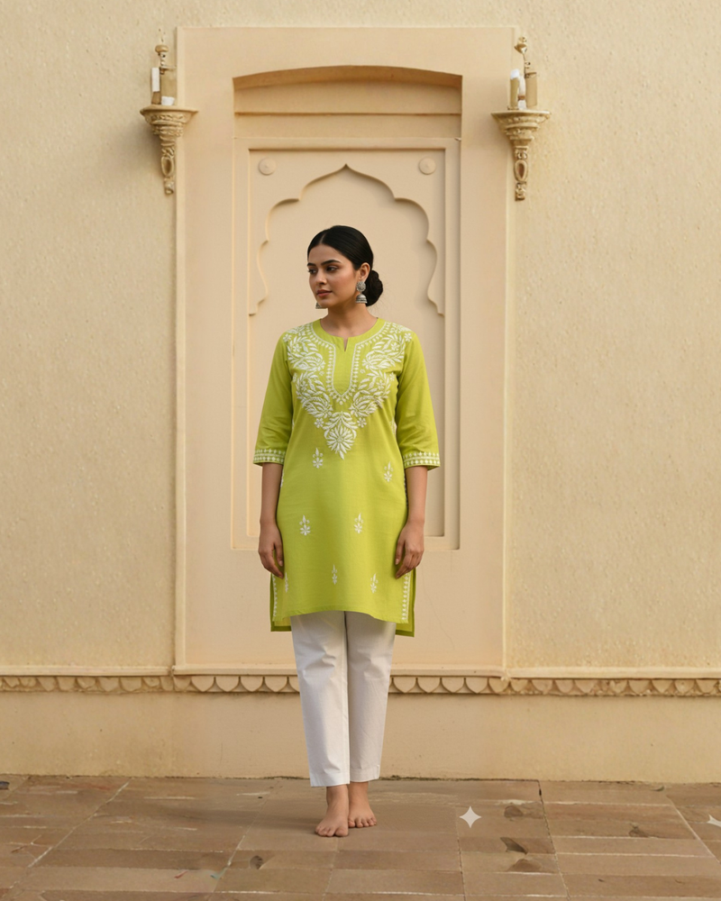 Green Readymade Cotton Short Kurti