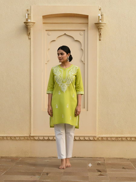 Green Readymade Cotton Short Kurti