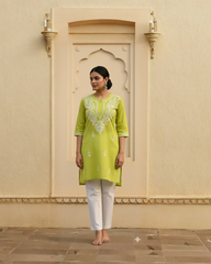 Green Readymade Cotton Short Kurti