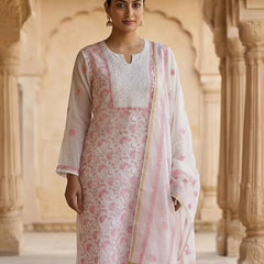 White Semistitched Mulchanderi Kurta Dupatta Set - Embroidered Kurta
