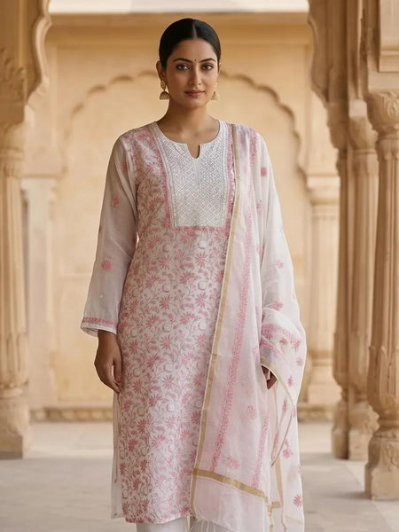 White Semistitched Mulchanderi Kurta Dupatta Set - Embroidered Kurta