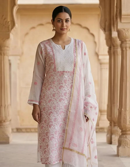White Semistitched Mulchanderi Kurta Dupatta Set - Embroidered Kurta