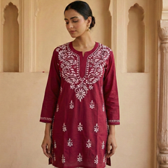 Red Readymade Cotton Short Kurti