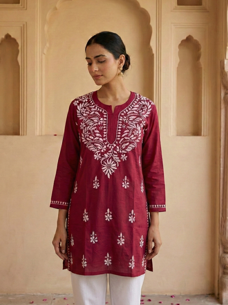 Red Readymade Cotton Short Kurti