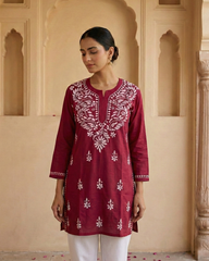 Red Readymade Cotton Short Kurti