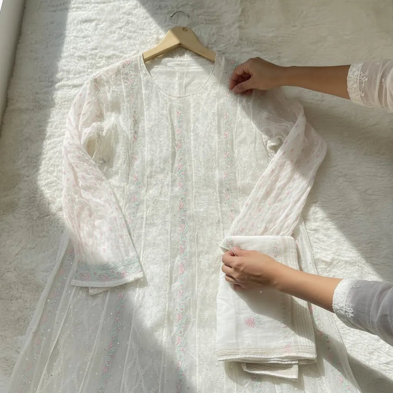 White Semistitched Anarkali Kurta Dupatta Set With Multicolored Kali's