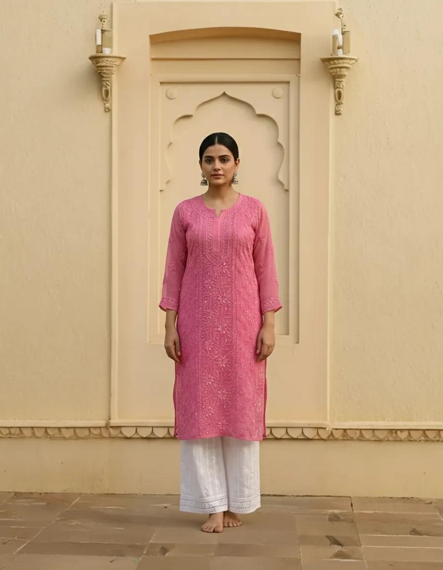 Resham Readymade Viscose Georgette Kurta In Rose Pink Color