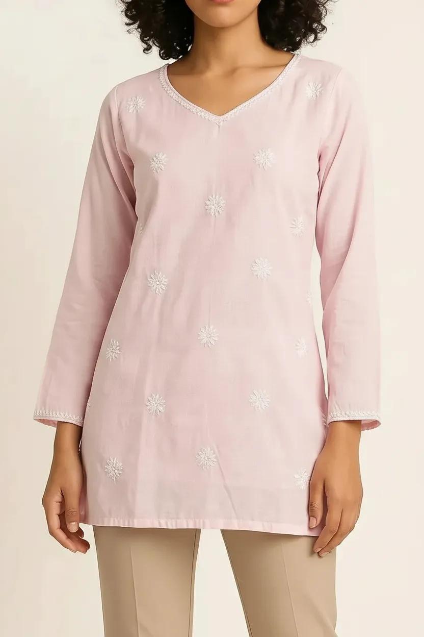 Pink Readymade Cotton Chanderi Top - Shirt