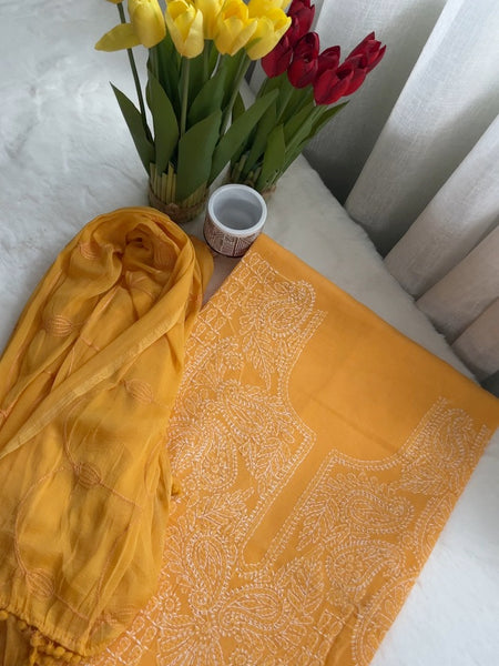 Mustard Yellow Chikankari Unstitched Suit Set