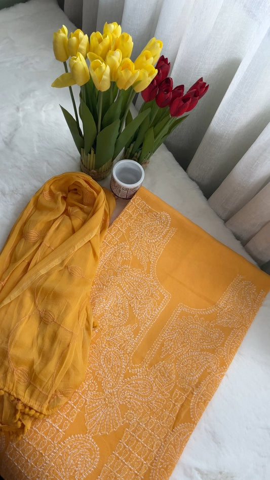 Mustard Yellow Chikankari Unstitched Suit Set