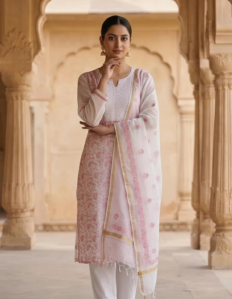 White Semistitched Mulchanderi Kurta Dupatta Set - Embroidered Kurta