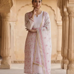 White Semistitched Mulchanderi Kurta Dupatta Set - Embroidered Kurta