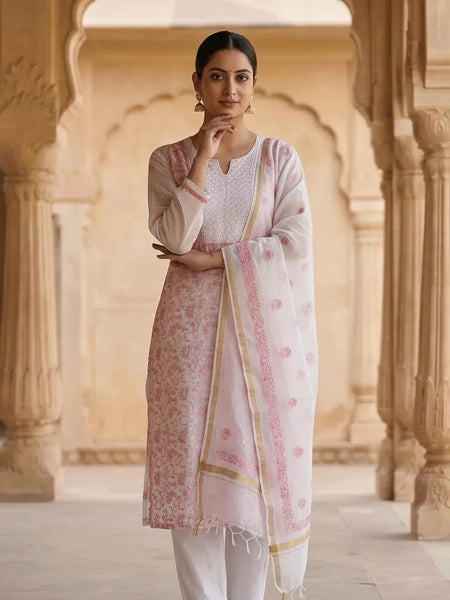 White Semistitched Mulchanderi Kurta Dupatta Set - Embroidered Kurta