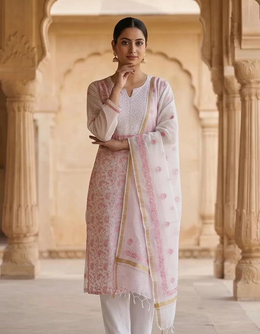 White Semistitched Mulchanderi Kurta Dupatta Set - Embroidered Kurta