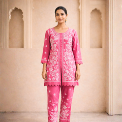 Pink Muslin Co-ord Set With Ghaspatti Chikankari Work