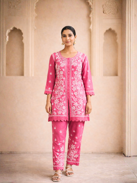 Pink Muslin Co-ord Set With Ghaspatti Chikankari Work