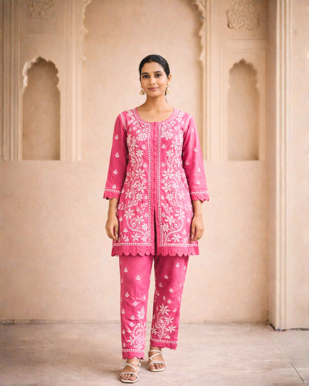 Pink Muslin Co-ord Set With Ghaspatti Chikankari Work