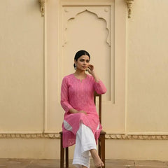 Resham Readymade Viscose Georgette Kurta In Rose Pink Color