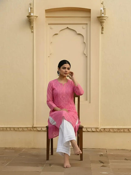 Resham Readymade Viscose Georgette Kurta In Rose Pink Color