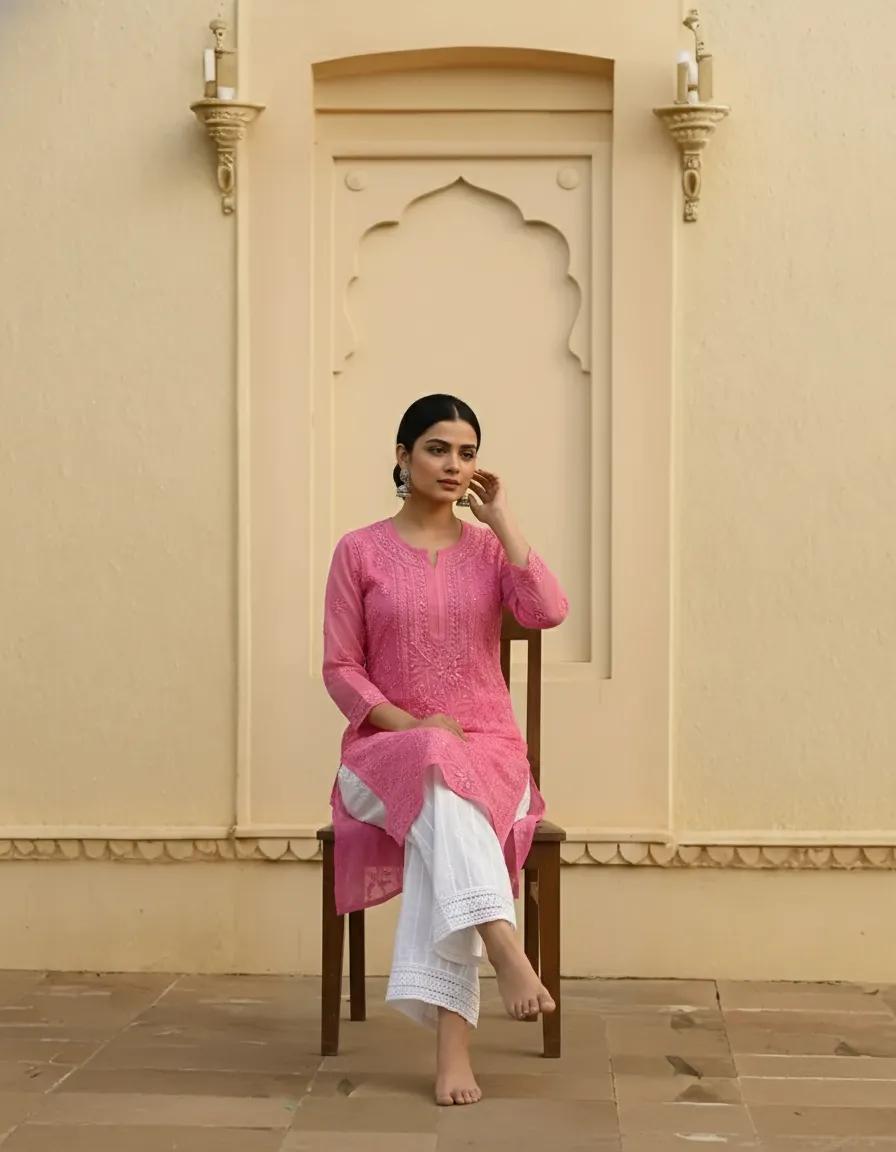 Resham Readymade Viscose Georgette Kurta In Rose Pink Color
