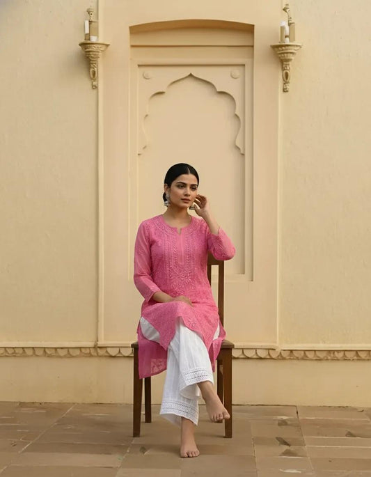 Resham Readymade Viscose Georgette Kurta In Rose Pink Color