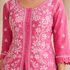 Pink Muslin Co-ord Set With Ghaspatti Chikankari Work