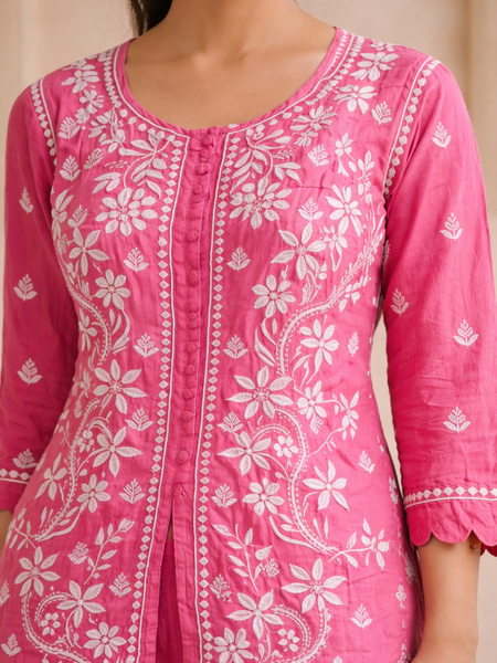 Pink Muslin Co-ord Set With Ghaspatti Chikankari Work