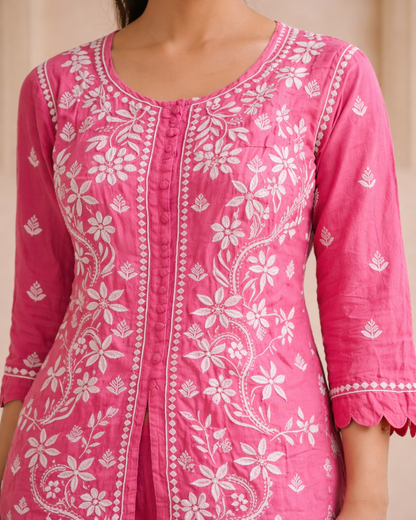 Pink Muslin Co-ord Set With Ghaspatti Chikankari Work