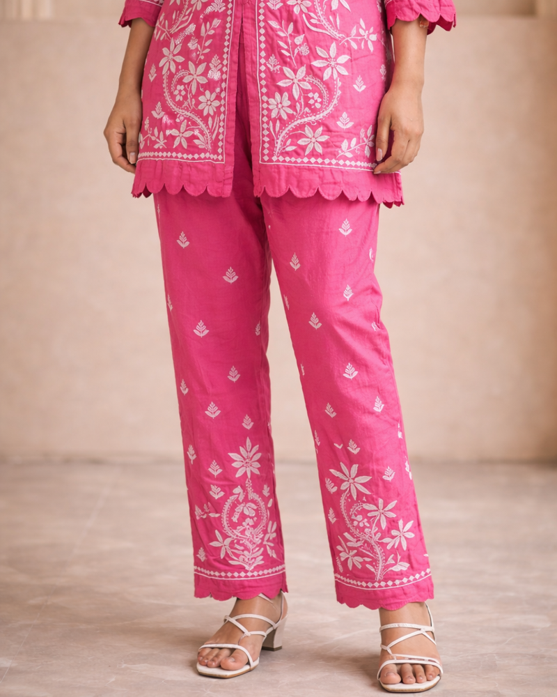 Pink Muslin Co-ord Set With Ghaspatti Chikankari Work