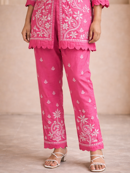 Pink Muslin Co-ord Set With Ghaspatti Chikankari Work