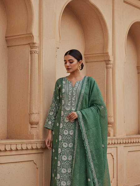 Green Semistitched Chikankari Suit Set