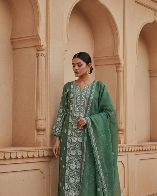 Green Semistitched Chikankari Suit Set